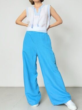 Ann Taylor Bright Blue Wide-Leg Pull-On Pants Linen Blend Size Small